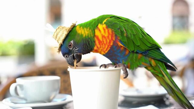 Playful Parrot Wearing Hat Drinks From Cup, Colorful Bird Enjoying Beverage