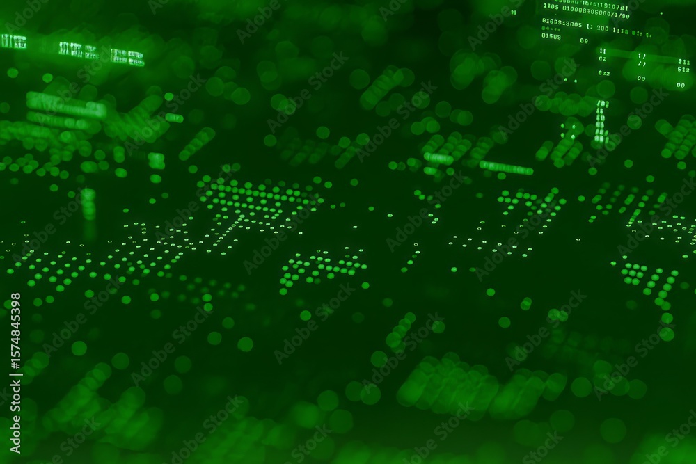 Fototapete an abstract representation of data processing with glowing green code and blurred lights evoking a s