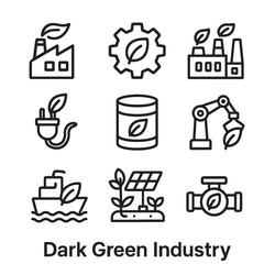 Dark green industry outline icons set, eco factory and sustainable energy symbols
