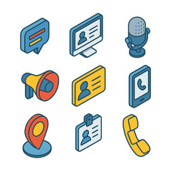 Isometric 3D icon set for communication, contact, and media. Chat, phone, ID badge, megaphone, microphone