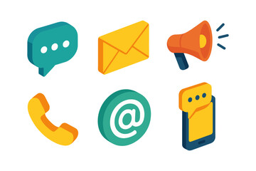 Isometric 3D icon set for communication, contact, and media. Chat, phone, ID badge, megaphone, microphone