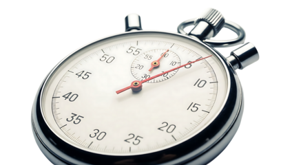 A close up shot of a silver mechanical stopwatch with red hands on a black background showing the time on transparent background