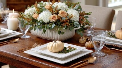 Autumnal table setting displays pumpkins, flowers, and candles for a warm and inviting festive atmosphere, perfect for gatherings