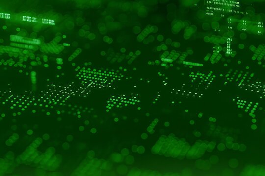 An abstract representation of data processing with glowing green code and blurred lights evoking a sense of digital mystery and interconnected technology.