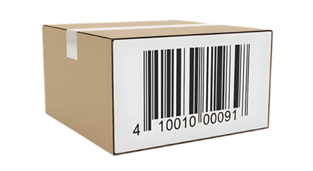A cardboard box with a white label and a barcode displayed on it against a black background plain view on transparent background