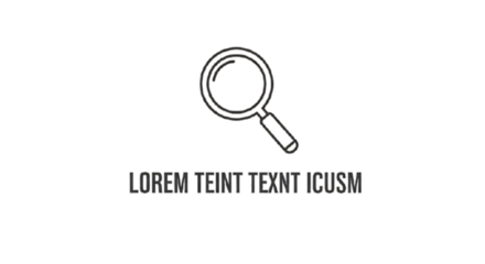 A magnifying glass icon above placeholder text on a black background in a simple graphic design style on transparent background