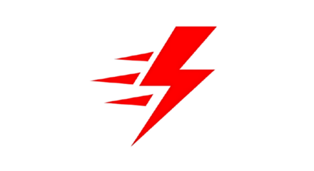 Red lightning bolt with speed lines on a black background representing power and energy in a graphic design on transparent background