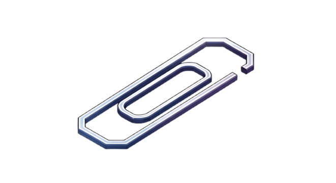 A single silver paperclip isolated on a black background with a subtle gradient and pixelated edges on transparent background