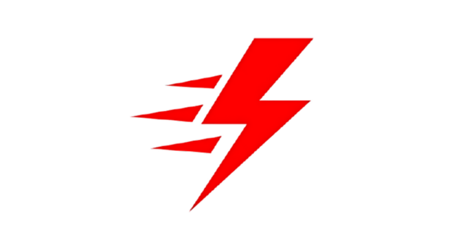 Red lightning bolt with speed lines on a black background representing power and energy in a graphic design on transparent background