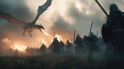 Fantasy action scene of a dragon battle. Medieval soldiers in cinematic battle against flying fire breathing dragon in dark smoke