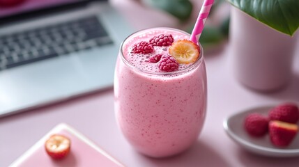 Pink raspberry banana smoothie with a pink and white straw on a pink desk