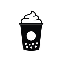 Black silhouette of boba tea cup with whipped cream and tapioca pearls