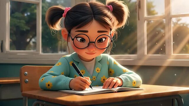 Animated girl with glasses and pigtails diligently writing in a notebook at a school desk, illuminated by warm sunlight from a classroom window. Represents childhood education and focus.
