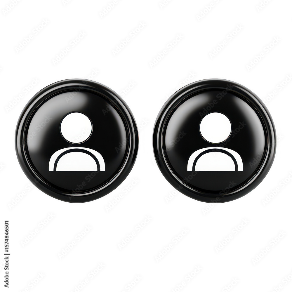 Poster two glossy black circular buttons featuring white user profile icons isolated on transparent backgro