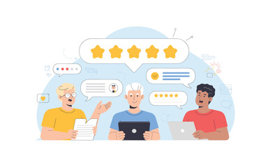 Online Feedback Illustration: Three People Reviewing Five-Star Customer Ratings on Devices.