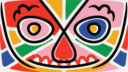 Abstract face with colorful geometric shapes and bold black outlines creating a mask like design