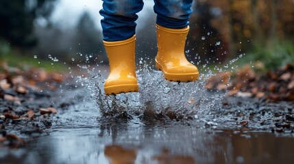 Child with yellow rubber boots jumping in puddle splashing water