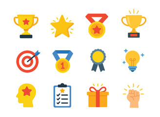 Colorful flat icons for success, achievement, and motivation. Includes trophy, medal, reward, idea, success and star symbols