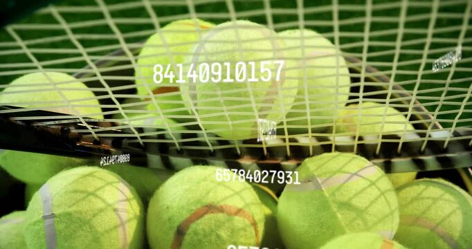 At start white numeric codes fading over racket strings and balls migrating down showing data flow