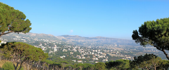 Lebanon Mountain Panorama: Pine tree forests and villages with red roof top houses