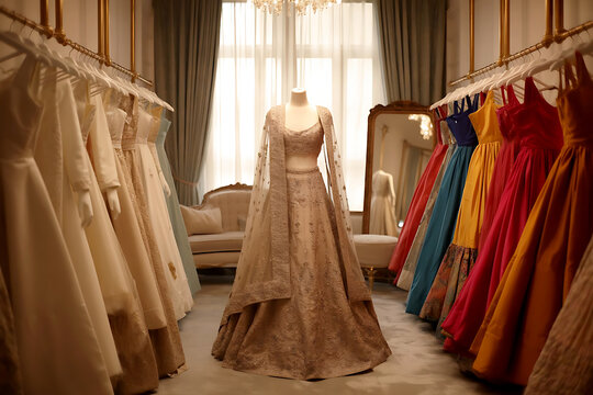Modern Boutique Clothing Store with Minimalist Decor, with a bridal dress 

