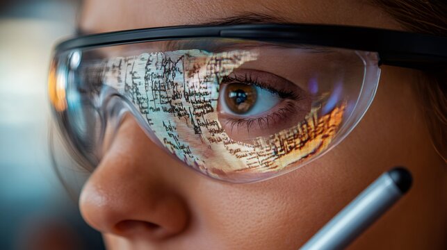 Scientist analyzing ancient manuscript with augmented reality glasses