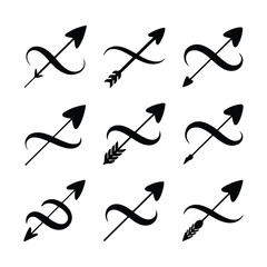 Black arrows with infinity symbol swirls and feather fletching