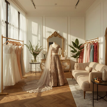 Boutique Shot Featuring Soft Sunlight Ambience with bridal dress

