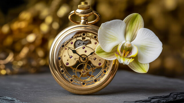 Ornate gold pocket watch with delicate white orchid and intricate mechanical details - Powered by Adobe