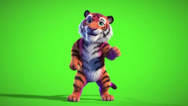 3D cartoon tiger dancing energetically on green screen background, colorful fur, cheerful expression