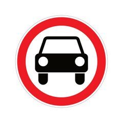 A round sign with a red border and a black silhouette of a car indicates that vehicles are not allowed to enter this area, often used in urban traffic control