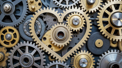 Intricate heart shape formed by interlocking mechanical gears and cogs