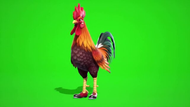 3D cartoon rooster doing tap dance with shiny shoes, green screen