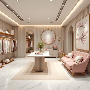 Boutique Interior with White Walls and Textures

