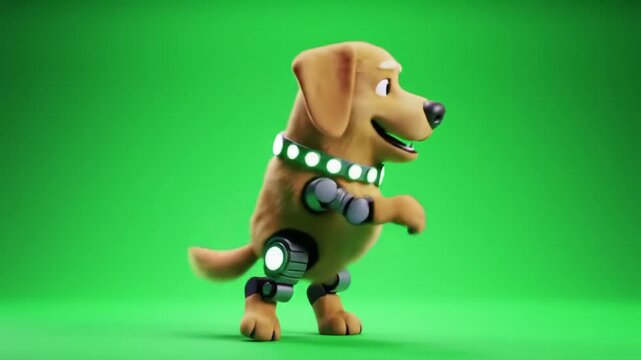 3D cartoon dog doing the robot dance, glowing collar, green screen background