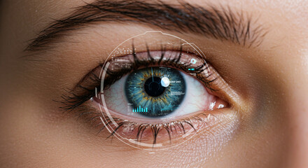Closeup of a human eye with a futuristic data interface