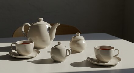 Fototapeta premium Elegant White Ceramic Teapot and Teacups on Minimalist Table