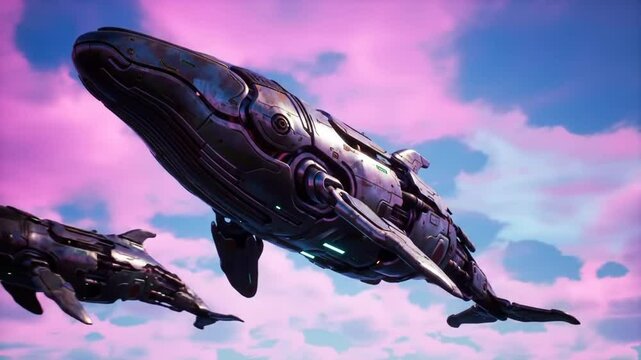 Giant mechanical whales flying through neon clouds in a cyberpunk sky