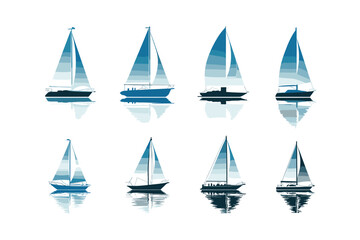 Sailboats Vector Set: Assorted Blue Silhouettes with Water Reflections
