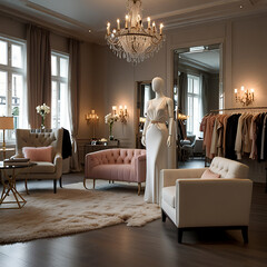 Boutique Store with Mannequin and Velvet Sofa Setup