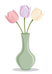 Three tulips in green vase on white background  