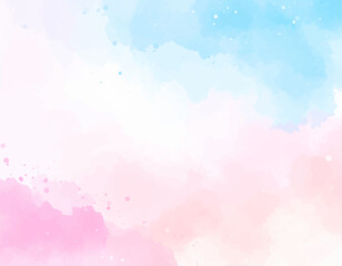 Light watercolor background art. Gradient pastel sky with clouds. Mountain landscape in watercolor. Soft pink blue cloud background. Romantic pastel cloudscape art