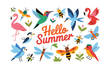 Vibrant Hello Summer Design with Colorful Birds, Insects, and Botanical Elements