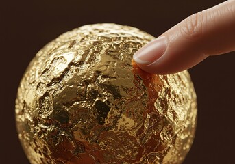 Golden Touch: Close-Up of a Finger Gently Pressing into a Textured Gold Sphere, Evoking Concepts of Luxury, Preciousness, and Unveiling Riches.