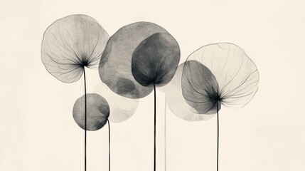 Abstract grayscale illustration of five translucent, round-shaped flowers with thin stems against a light beige background.