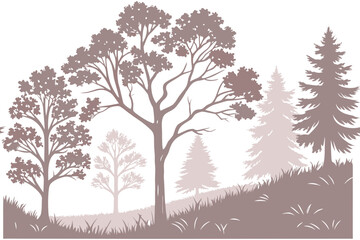 Obraz premium Stylized trees in soft colors on a hillside landscape background 