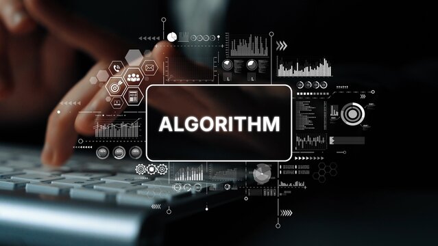 Digital interface showcasing algorithm concepts and data analytics in a modern technology workspace. Asymptotic smart data analytic.