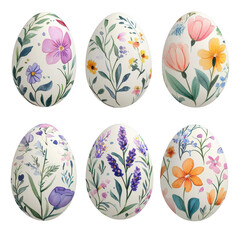 Fototapeta premium Six beautifully decorated easter eggs with delicate floral watercolor patterns isolated on transparent background