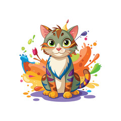 Painter cat with colorful paint splashes on fur, creative artistic feline vector illustration, cute cat artist, vibrant paint design on white background