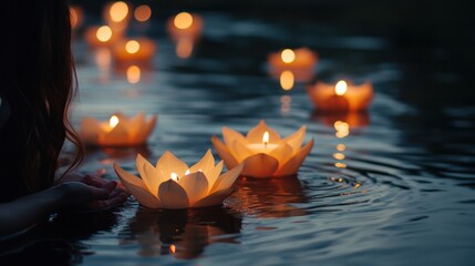Woman releasing lotus-shaped candles on water at night.